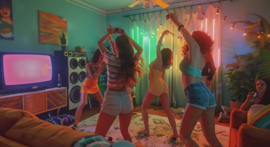 Chicas bailando en una fiesta temática de los 80, con luces de neón y música a todo volumen.