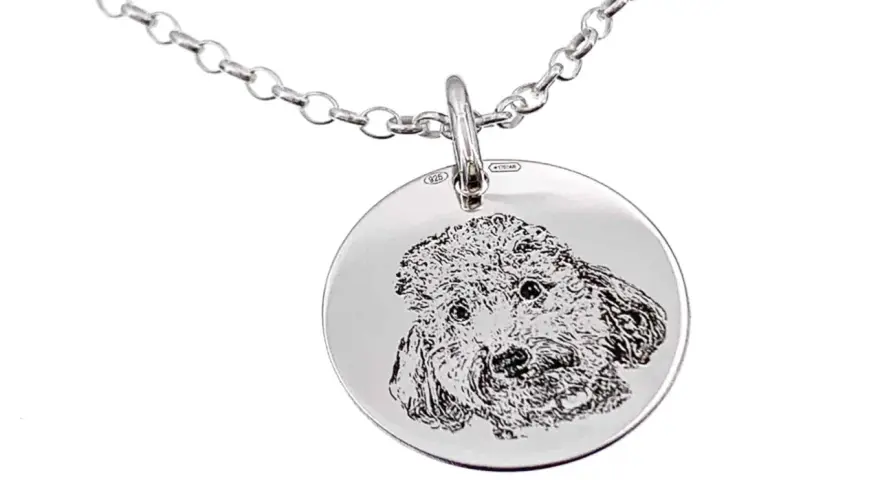 Colgante mascota personalizado de plata con grabado de un perro.
