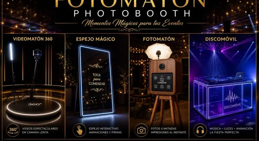 Un fotomatón de madera con luz, un espejo mágico interactivo y un discomóvil para crear momentos mágicos en tus eventos.