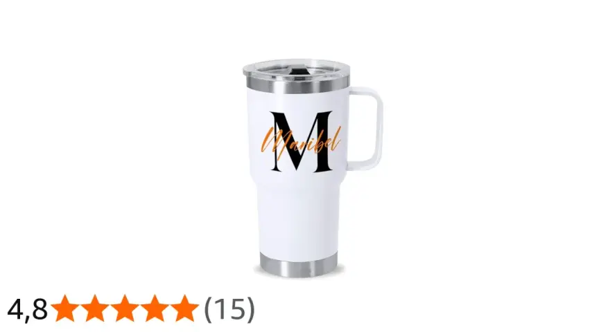 Termo personalizado blanco con la letra "M" y el nombre "Maribel" en naranja. Ideal para llevar tus bebidas.