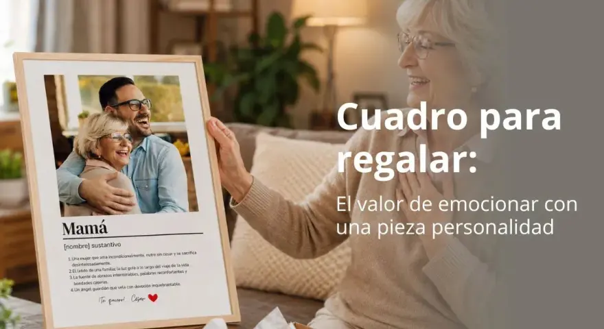 Un cuadro con nombre y significado, mostrando una foto de una madre e hijo riendo, con la definición de "Mamá" y un mensaje personal.