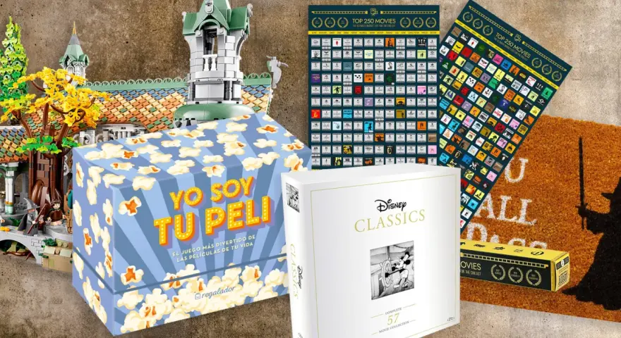 Una caja regalo cine con palomitas, un set de Disney Classics y pósters de películas.