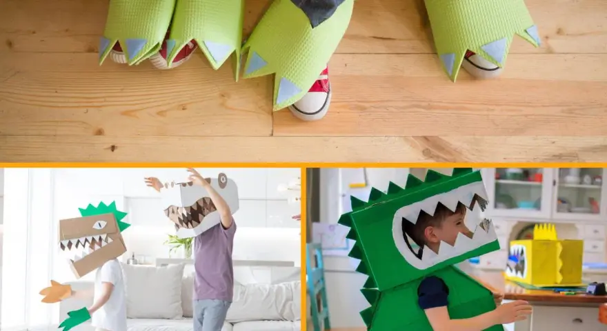 Niños jugando con un disfraz dinosaurio niño casero hecho de cartón y tela. ¡Pura diversión prehistórica!