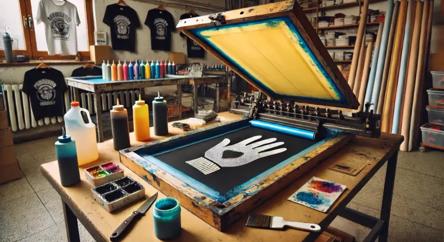 Taller de serigrafía que es: máquina con pantalla para estampar mano en camiseta, tintas y camisetas colgadas.