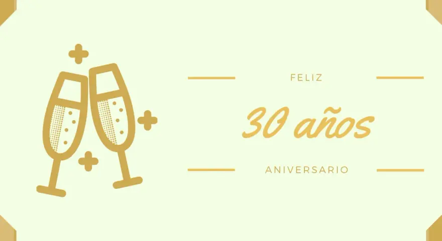 Dos copas de champán chocan, celebrando 30 años de casados. ¡Feliz aniversario!