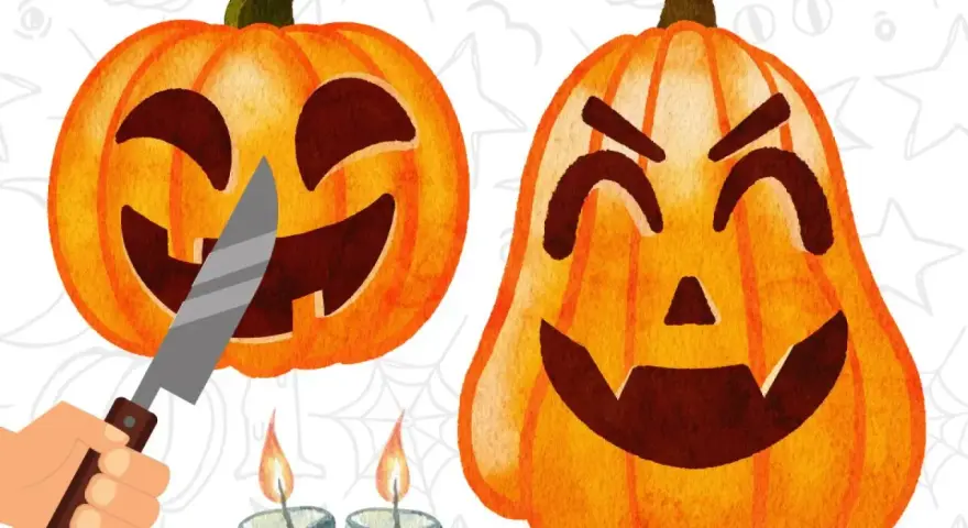 Dos calabazas de Halloween, una con un cuchillo a punto de tallarla, para mostrar cómo decorar una calabaza original.