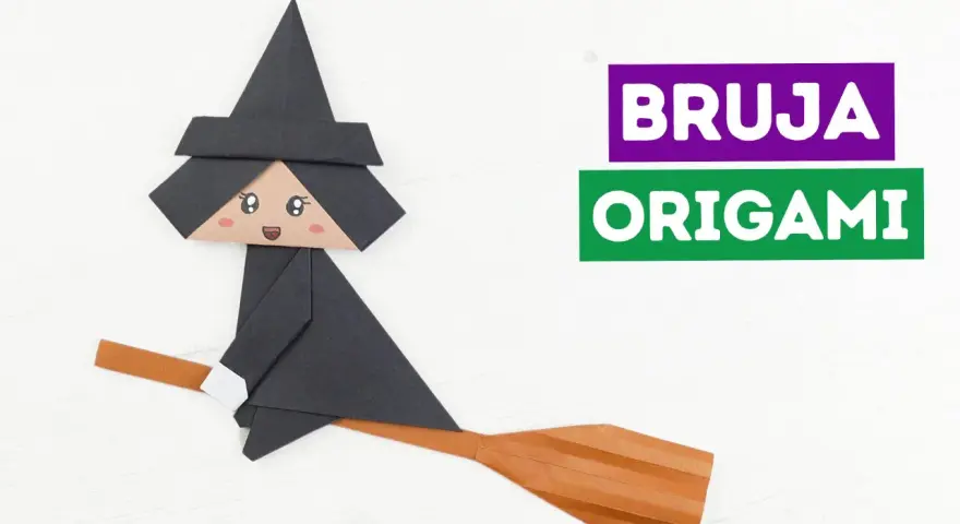 Bruja de origami volando en escoba. ¡Perfectas manualidades Halloween fáciles para crear!