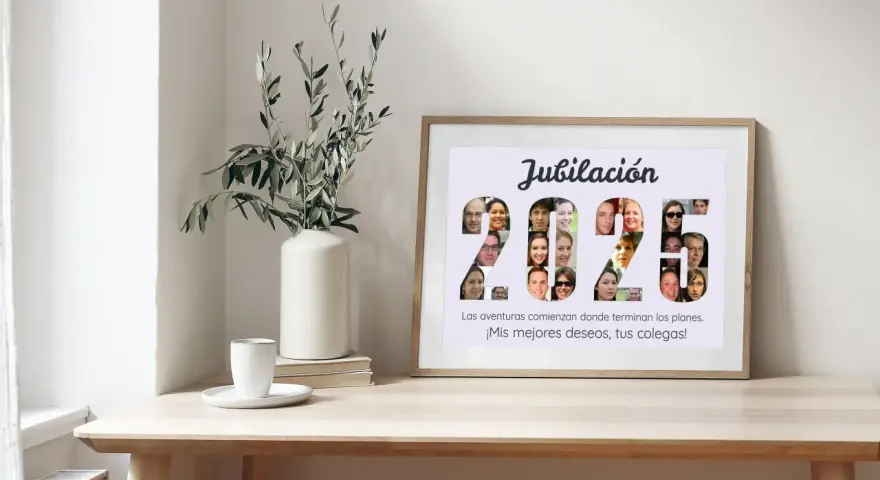Marco de madera con collage de fotos de personas dentro de los números "2025" y texto de jubilación.