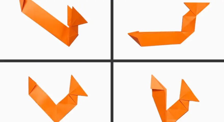 Manualidad ardilla infantil de origami naranja. Cuatro vistas de una figura de papel doblado que representa una ardilla.