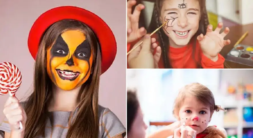 Niños con maquillaje de Halloween: calabaza, araña y animalito. Ideas para como pintar caras de niños fáciles y divertidas.