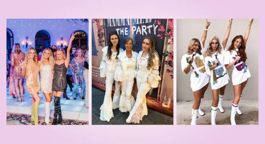 Chicas celebrando fiestas temáticas, algunas con brillos, otras vestidas de blanco y unas más con disfraces de animales.