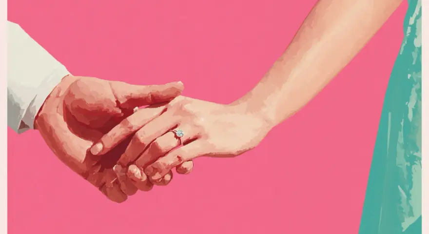 Manos entrelazadas, un anillo de compromiso brilla, anunciando una pedida de mano original y un futuro juntos.