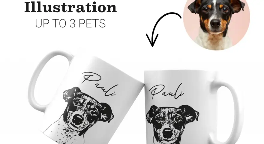 Tazas personalizadas con ilustración en blanco y negro de un perro Jack Russell Terrier, con su nombre "Pauli".