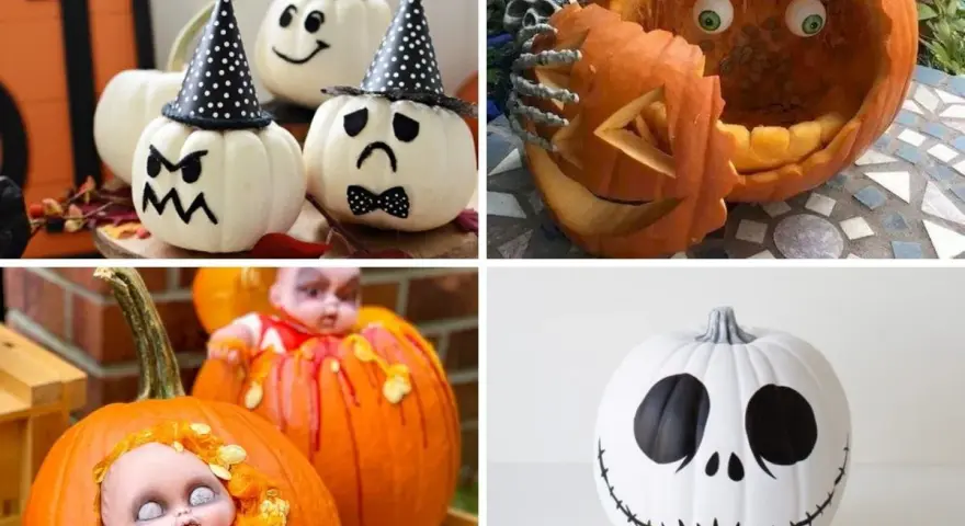 Calabazas decoradas manualidades: caras graciosas, un esqueleto sosteniendo una calabaza tallada, muñecas espeluznantes y Jack Skellington.