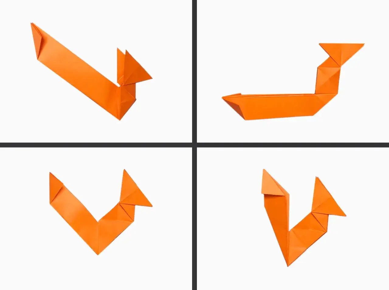 Manualidad ardilla infantil de origami naranja. Cuatro vistas de una figura de papel doblado que representa una ardilla.