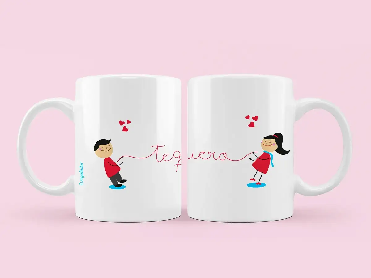 Taza amor con un ni&ntilde;o y una ni&ntilde;a unidos por un hilo rojo, con corazones flotando.
