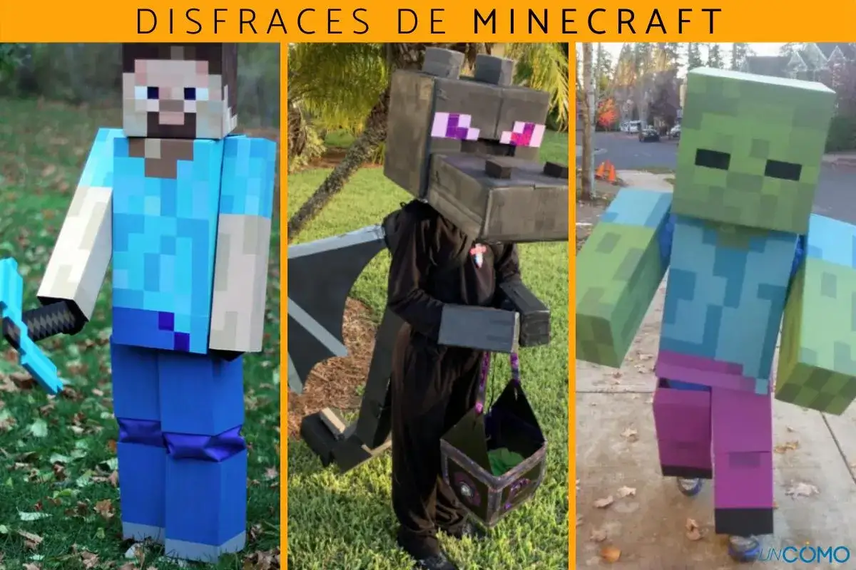 Un ni&ntilde;o luce un genial disfraz Minecraft casero de Steve, un drag&oacute;n y un zombi.