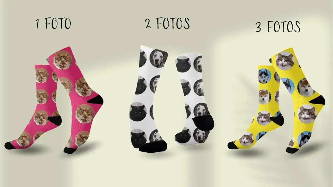 Calcetines serigrafiados con caras de gatos y perros en rosa, blanco y amarillo. &iexcl;Perfectos para amantes de las mascotas!