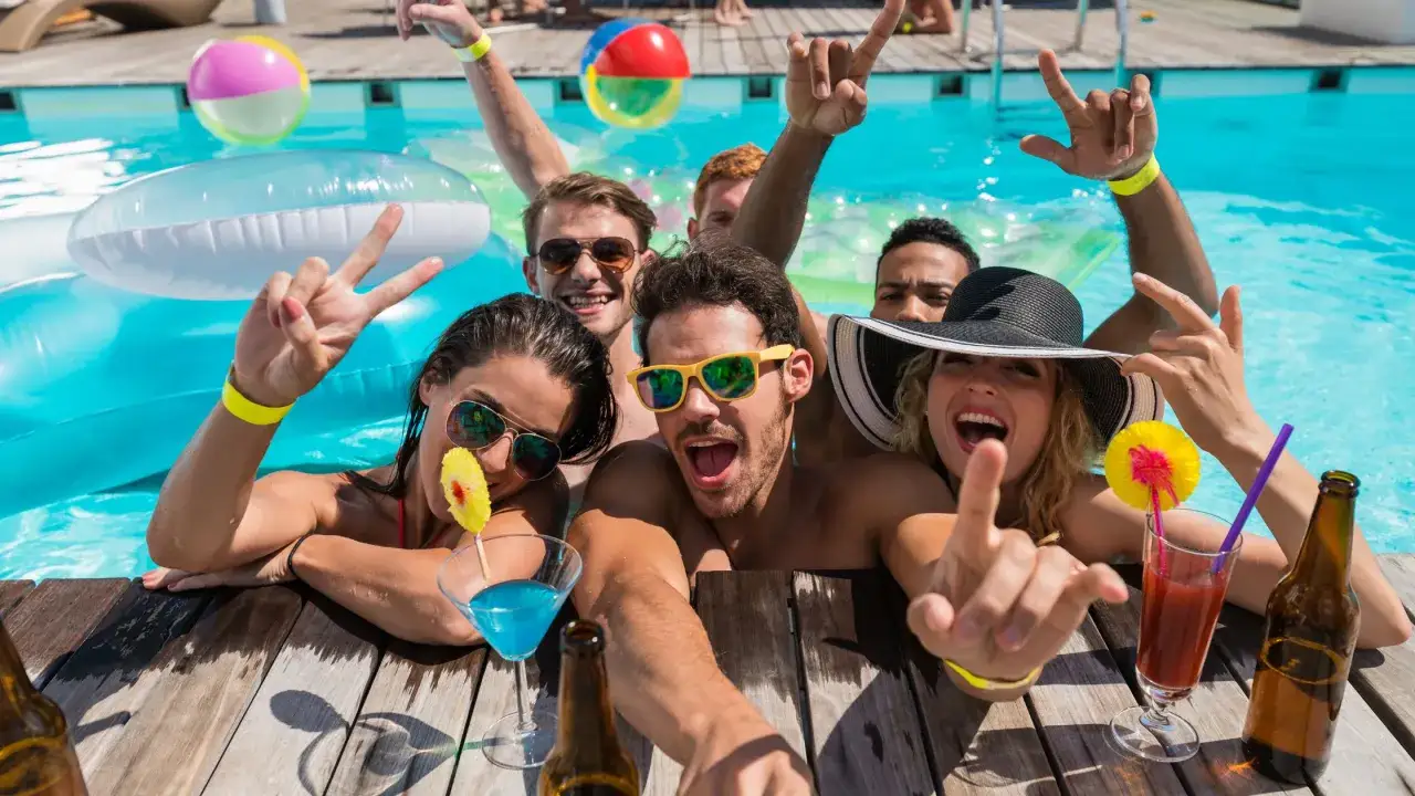 Amigos disfrutando de pool party juegos, con bebidas y flotadores. ¡La diversión está garantizada!