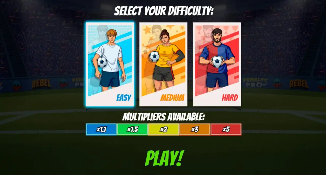 El instant game de penaltis te permite elegir dificultad (Easy, Medium, Hard) y multiplicadores (x1.1 a x5). ¡Elige tu nivel y a jugar!