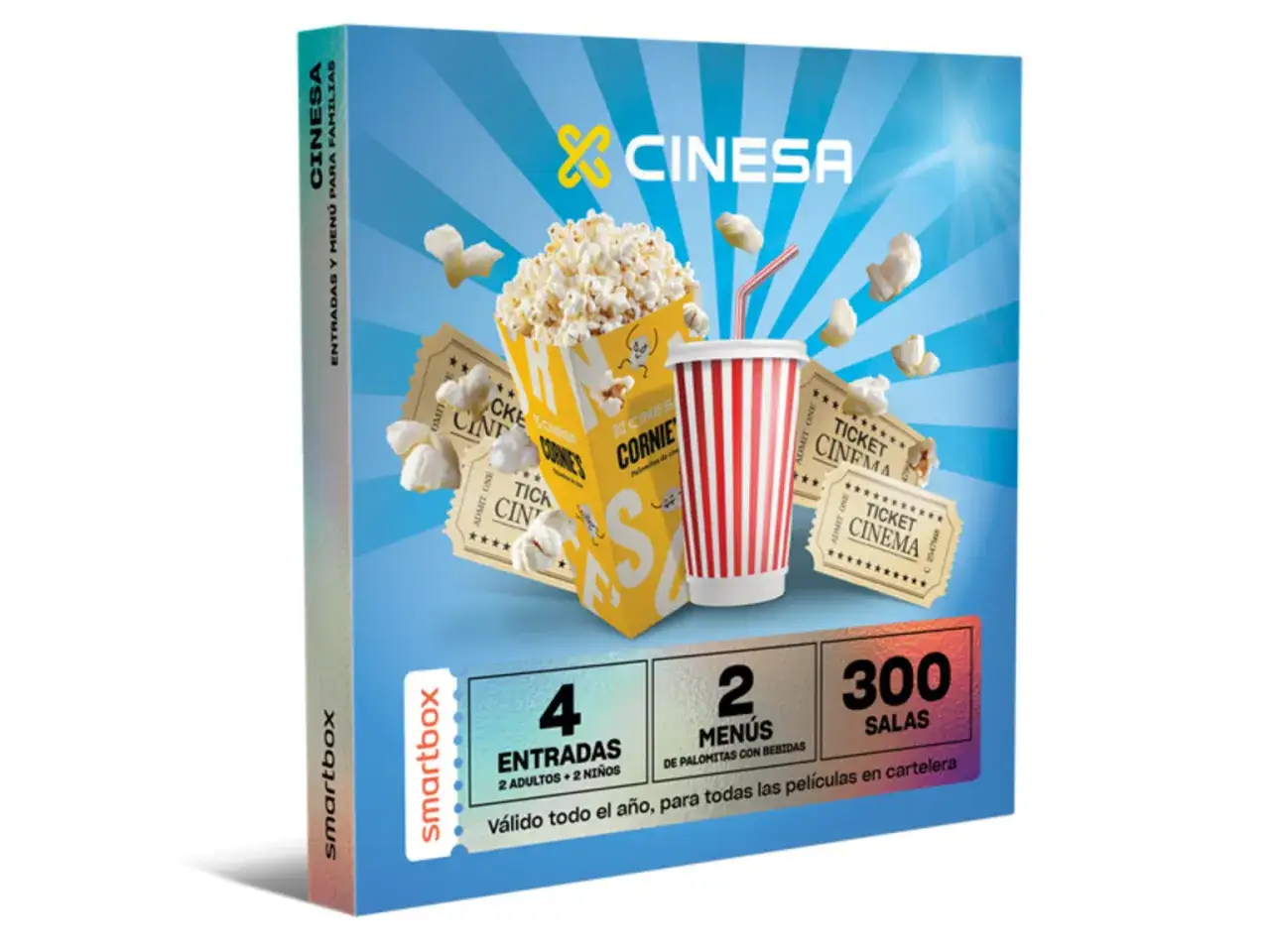 Caja regalo cine con palomitas, bebida y entradas para toda la familia. ¡Disfruta del cine!