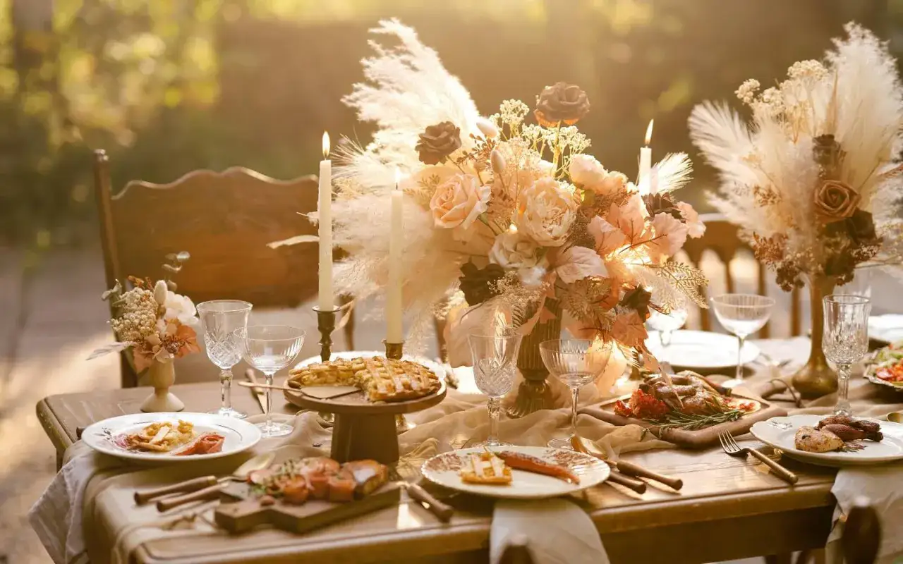 Mesa de boda rústica con flores secas, velas y pastel. Decoración boda manualidades con estilo bohemio.