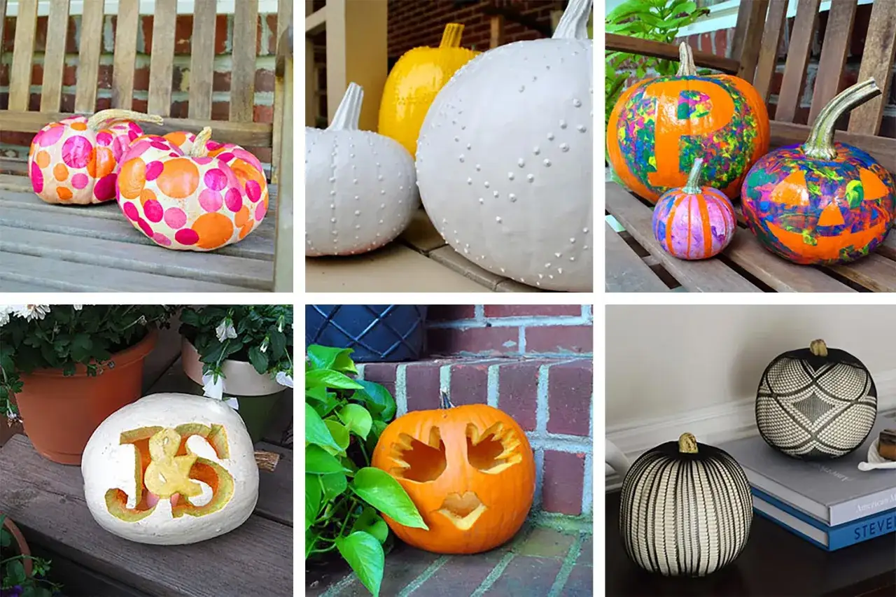 Varias calabazas decoradas para Halloween, algunas pintadas con c&iacute;rculos, otras con iniciales o caras. &iexcl;Ideas de calabaza halloween facil!