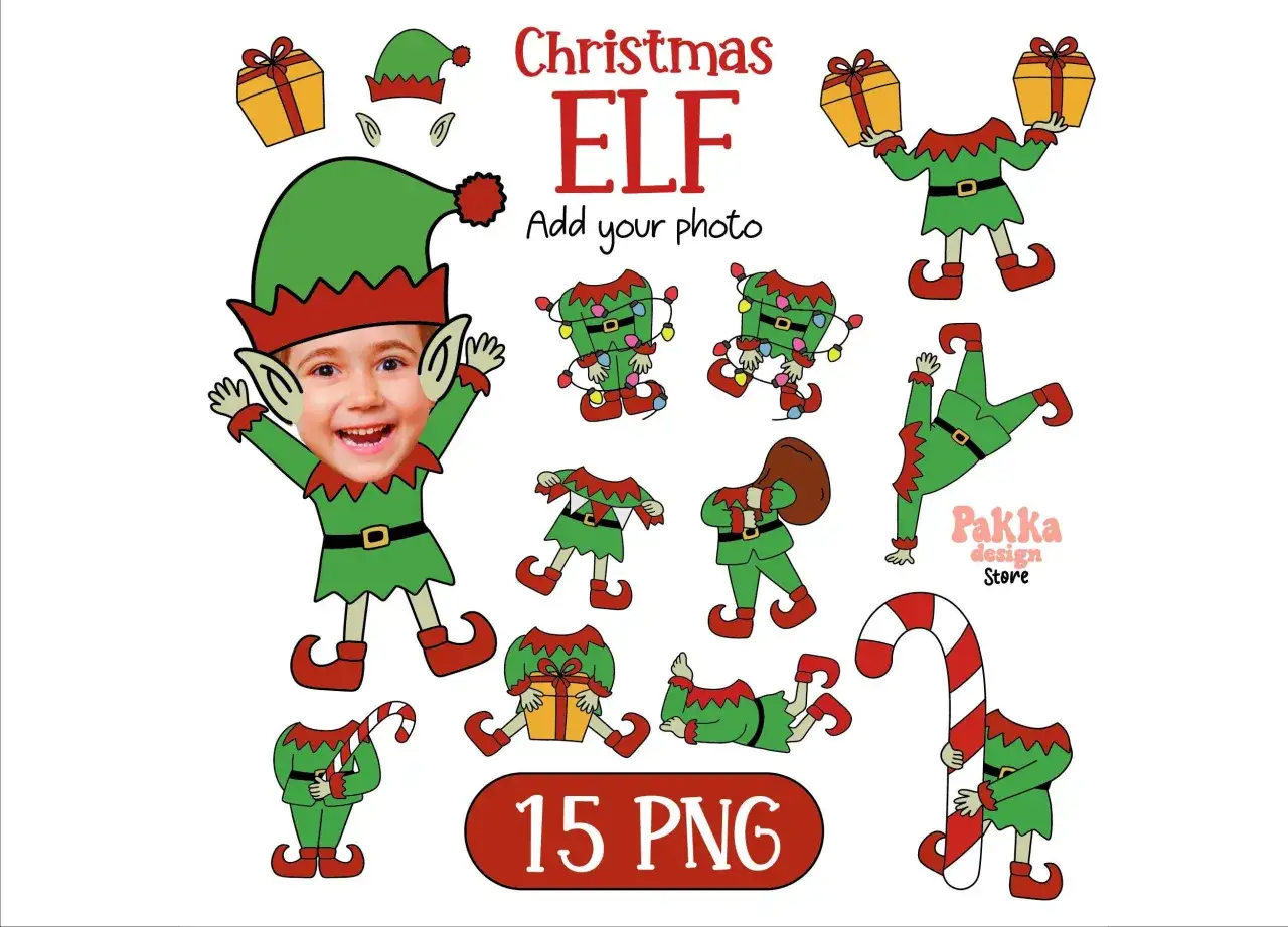 Plantillas elfos navidad para personalizar con tu foto. Duendes festivos, regalos y bastones de caramelo.