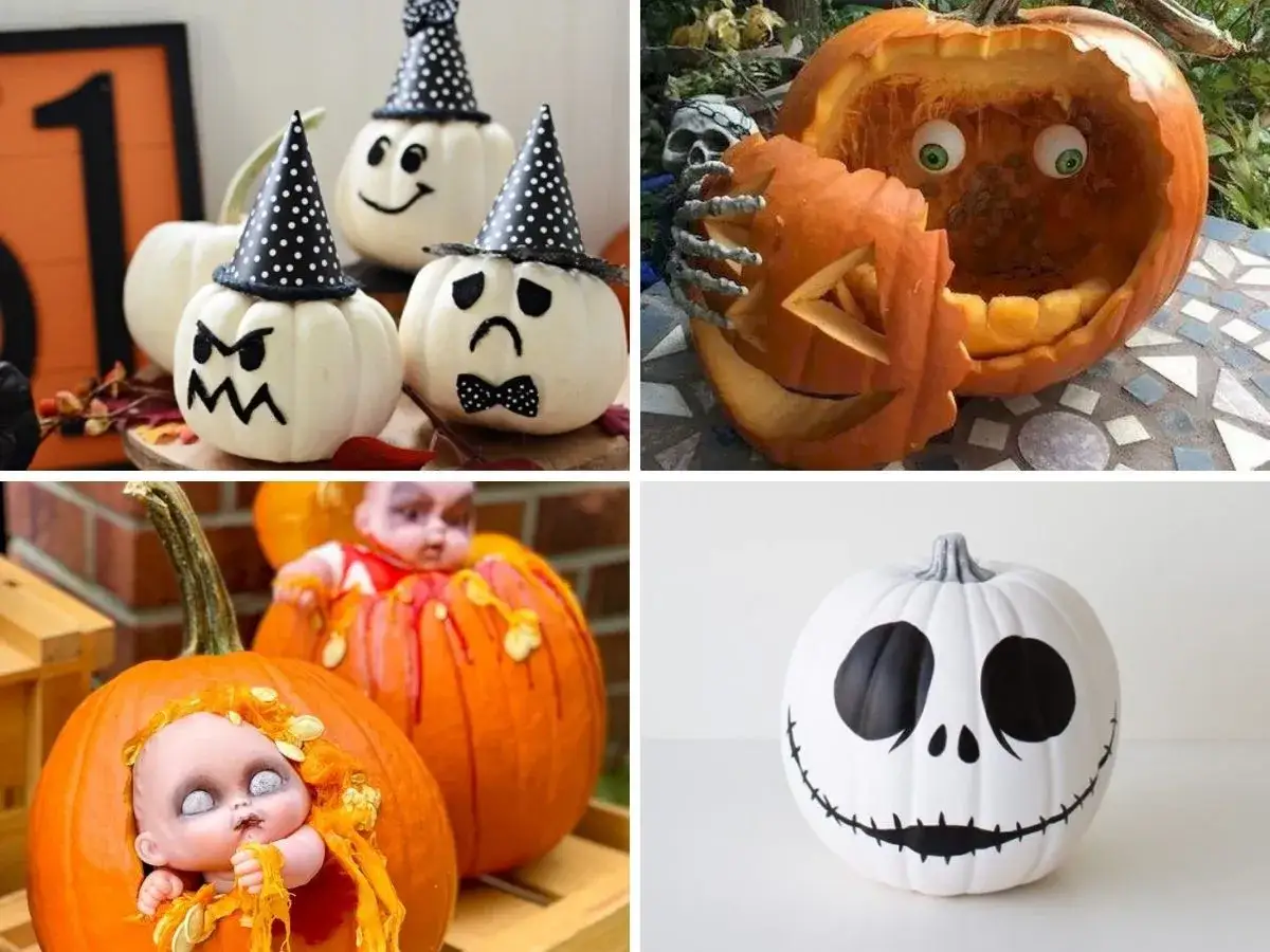 Calabazas decoradas manualidades: caras graciosas, un esqueleto sosteniendo una calabaza tallada y una mu&ntilde;eca espeluznante dentro de otra.