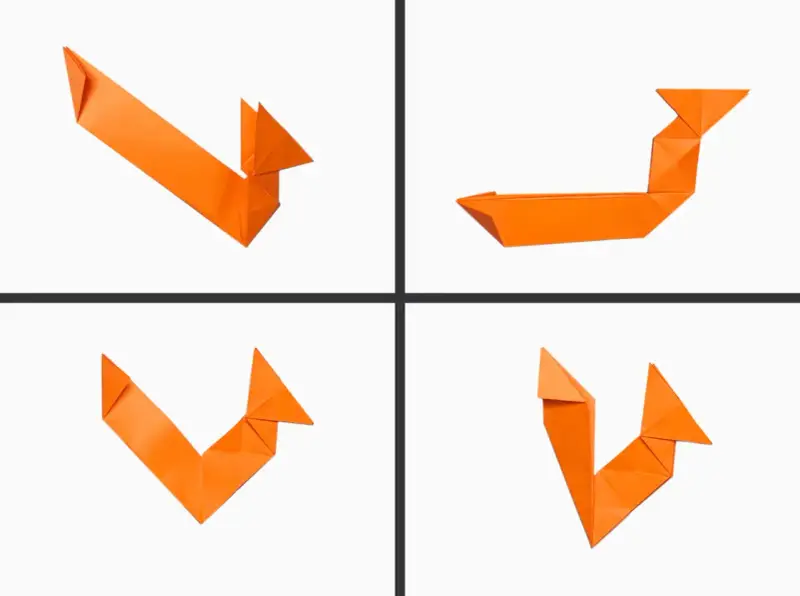 Manualidad ardilla infantil de origami naranja. Cuatro vistas de una figura de papel doblado que representa una ardilla.